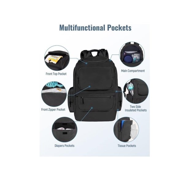 Mancro Diaper Bag Backpack with stroller straps and insulated pockets, black - Picture 2 of 7